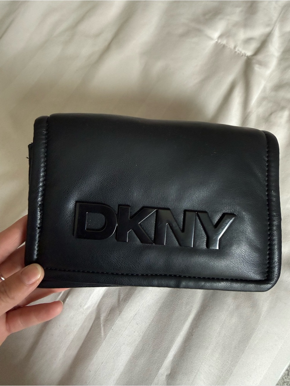 DKNY Black Leather Logo-Embossed Compact Wallet